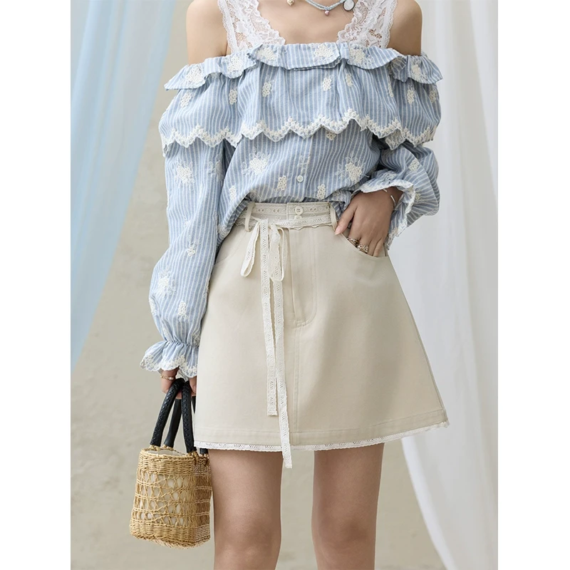 【金拐子专属】谜秀蕾丝腰带花边半身裙高腰A字裙裙子MXE32B0711