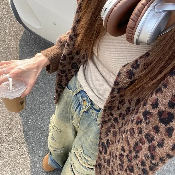 复古豹纹宽松休闲冬季针织毛衣外套