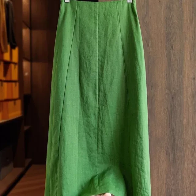 欧货高端绿色透气苎麻半身裙女士夏通勤显瘦中长款高腰垂感a字裙