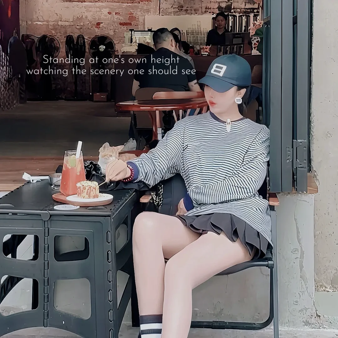 Intricatepatterns蓝灰条纹休闲T恤圆领套头长袖女上衣