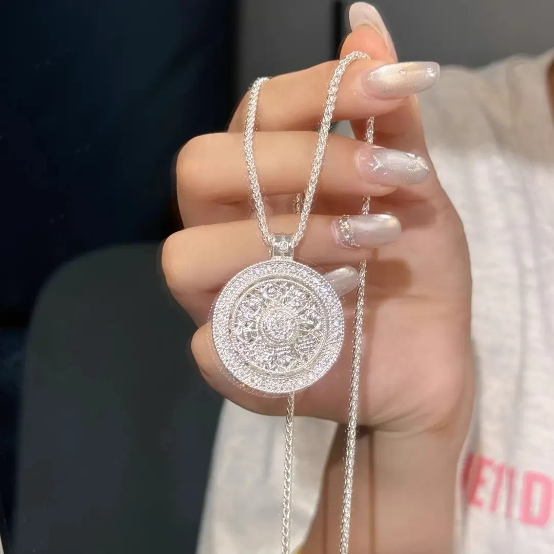 吊坠足银 新中式纯银999银八宝罗盘吊坠项链可旋转