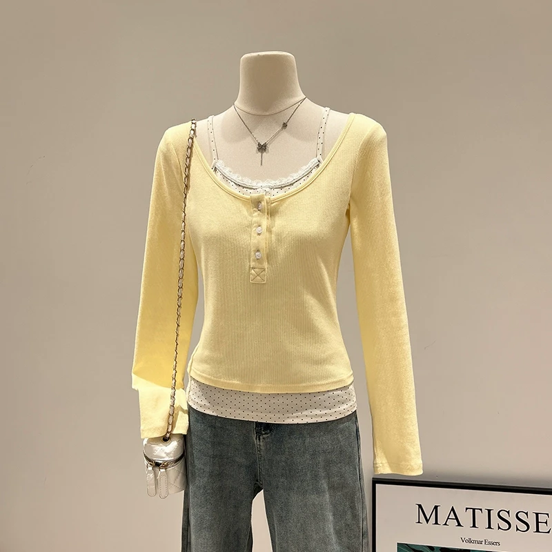 小婉薇奶油黄甜辣假两件拼接U领碎花长袖t恤衫女秋款修身内搭上衣