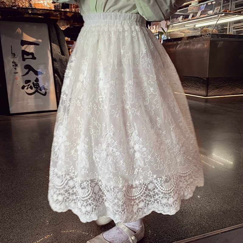 米米哈罗女童半身裙春装儿童白色温柔风蕾丝裙宽松a字长裙C25062