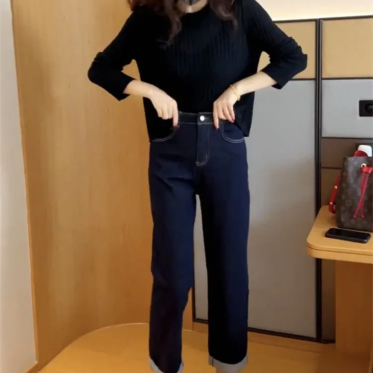 025春秋高腰百搭窄版牛仔直筒裤显瘦休闲裤子