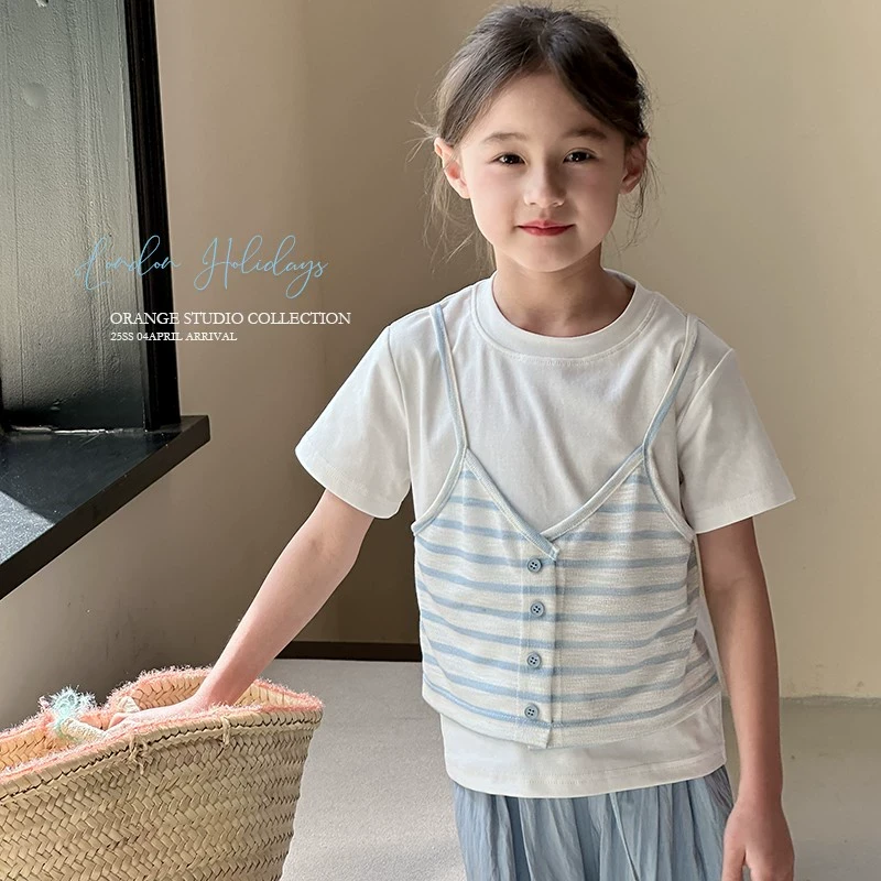 女童T恤2025夏季新款儿童洋气假两件上衣中大童百搭短袖夏装