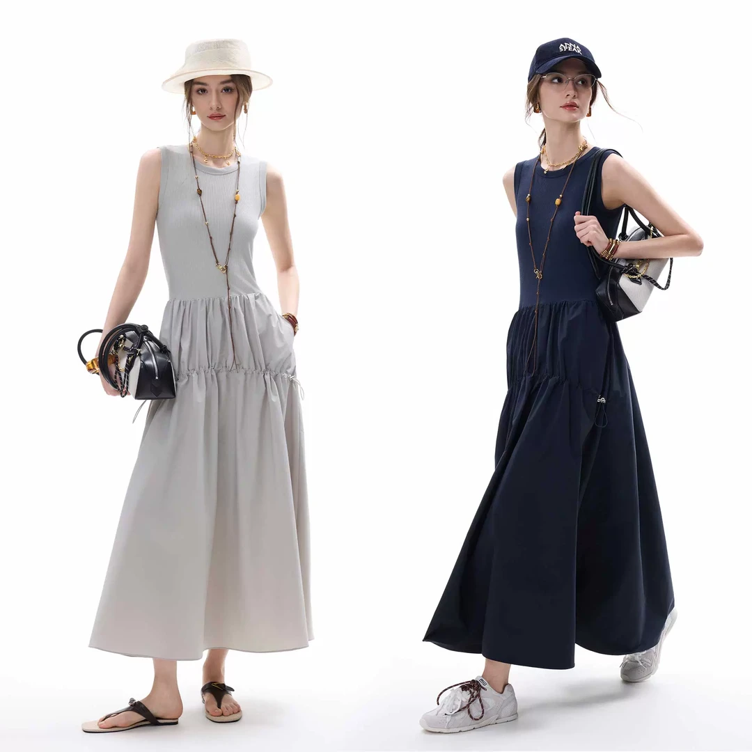 ANNASPEAK气质收腰显瘦凉感LYOCELL立体拼接抽褶运动连衣裙夏季