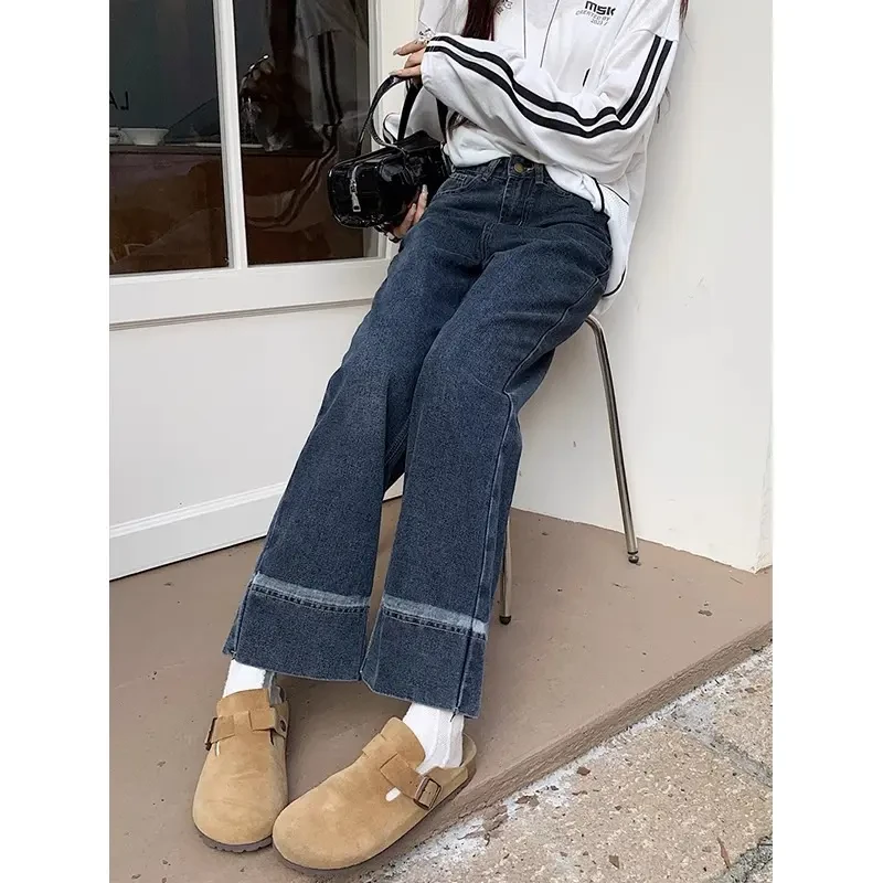 阔腿牛仔裤女秋季新款高腰大码梨形身材窄版宽松显瘦九分裤