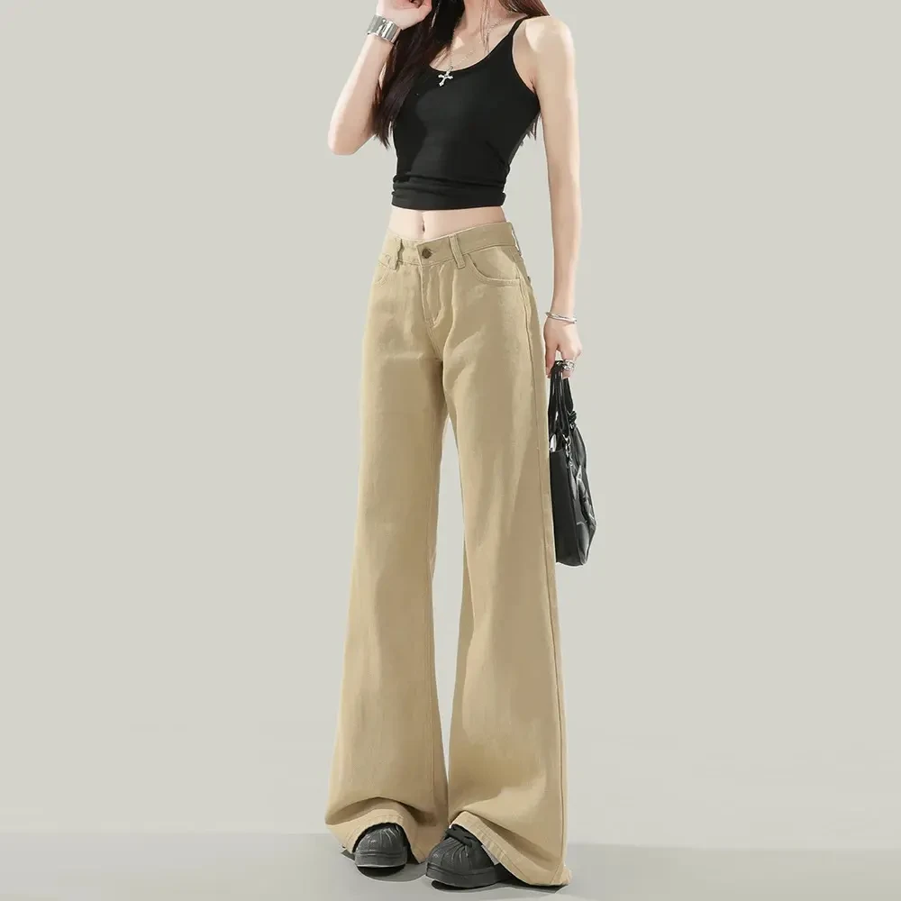 【现货+运费险】美式复古辣妹卡其色牛仔裤低腰拖地不贴腿微喇裤子