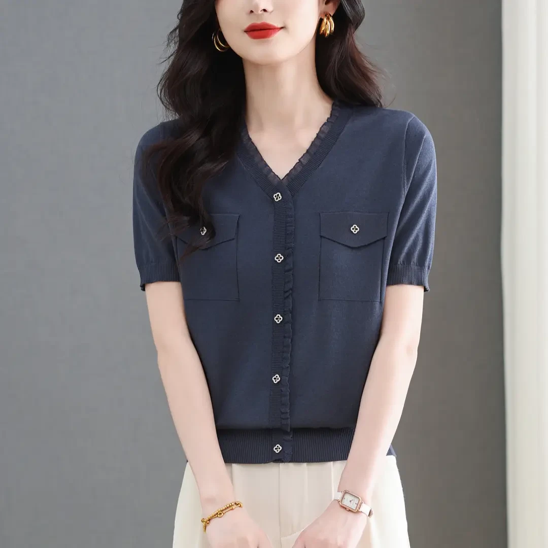 新款夏季女士高档莱赛尔短袖T恤修身显瘦小香风设计感针织上衣