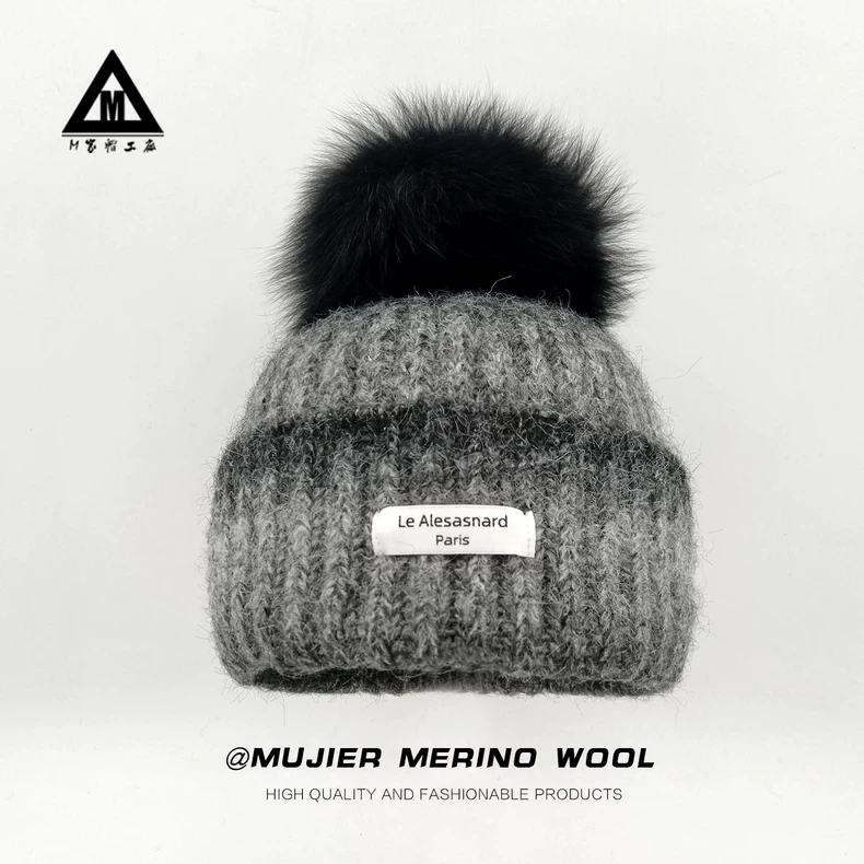 冰岛多巴胺渐变色针织帽子女秋冬保暖护耳羊毛狐狸毛球毛线帽冷帽