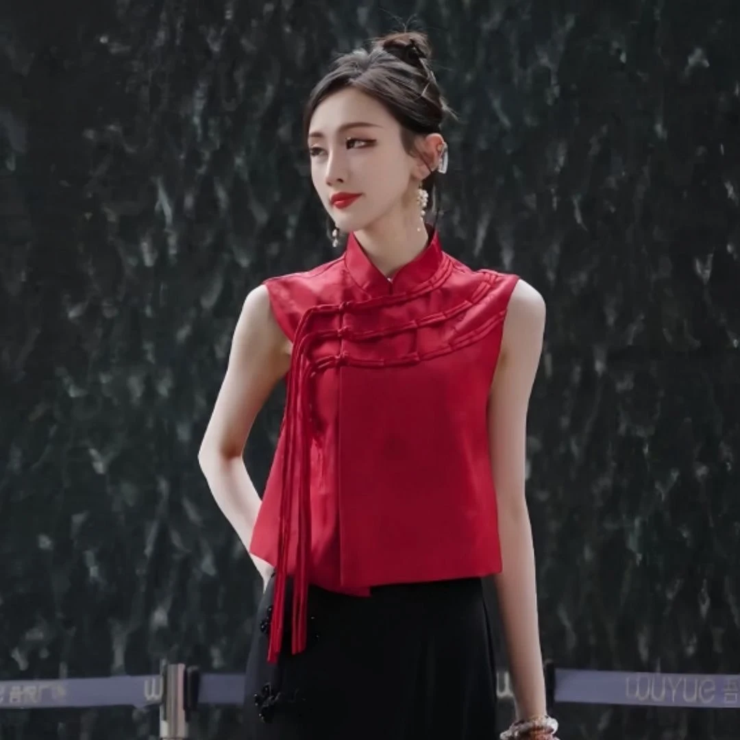 中式盘扣马甲提花背心立领古风国风红色上衣