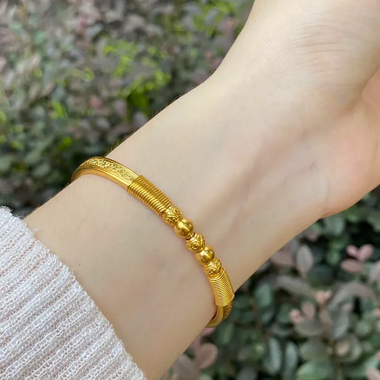 铜合金手镯 古法爆闪龙鳞手镯经典黄金色盛世华彩贵妃镯奢华花纹