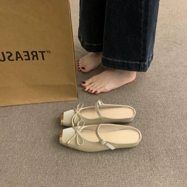 法式包头拖鞋女夏季外穿蝴蝶结方头拼接一字带凉拖防滑平底穆勒鞋