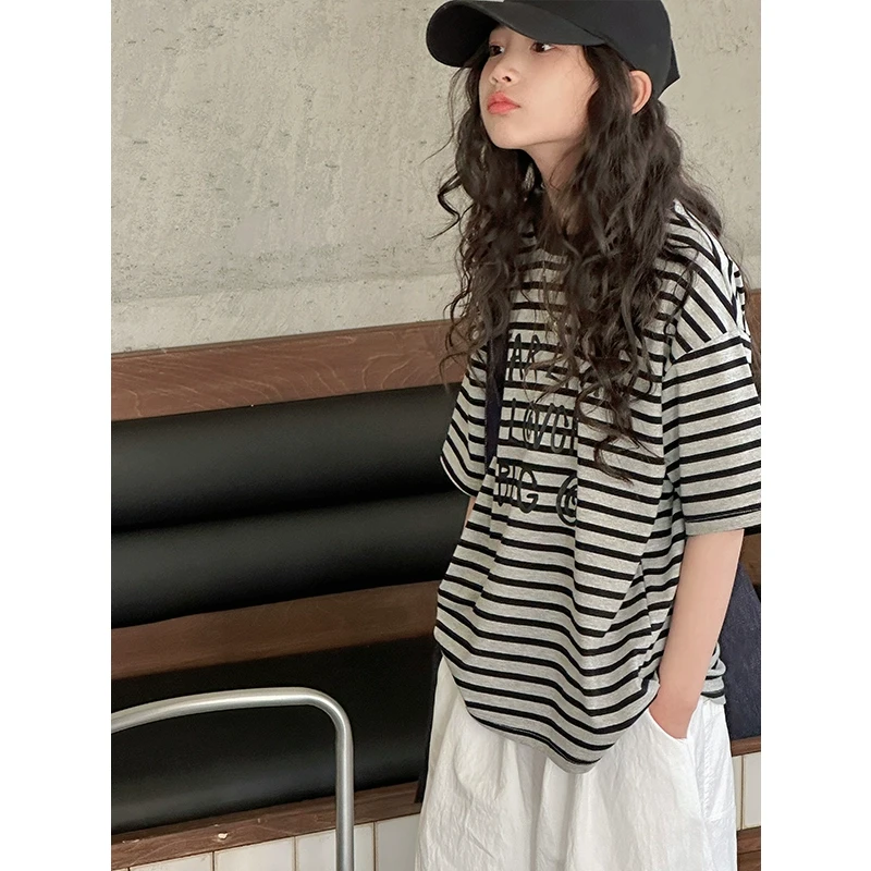 K28039慵懒风女童短袖T恤2025夏装新款儿童条纹上衣春夏半袖休闲t
