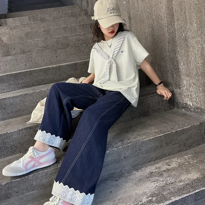 女童套装2025夏季新款洋气儿童学院风夏装中大童蕾丝牛仔裤两件套