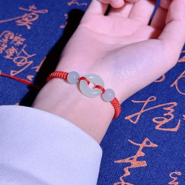 非金属玻璃手链 乙巳年平安扣编织福气百搭女士复古红绳手绳