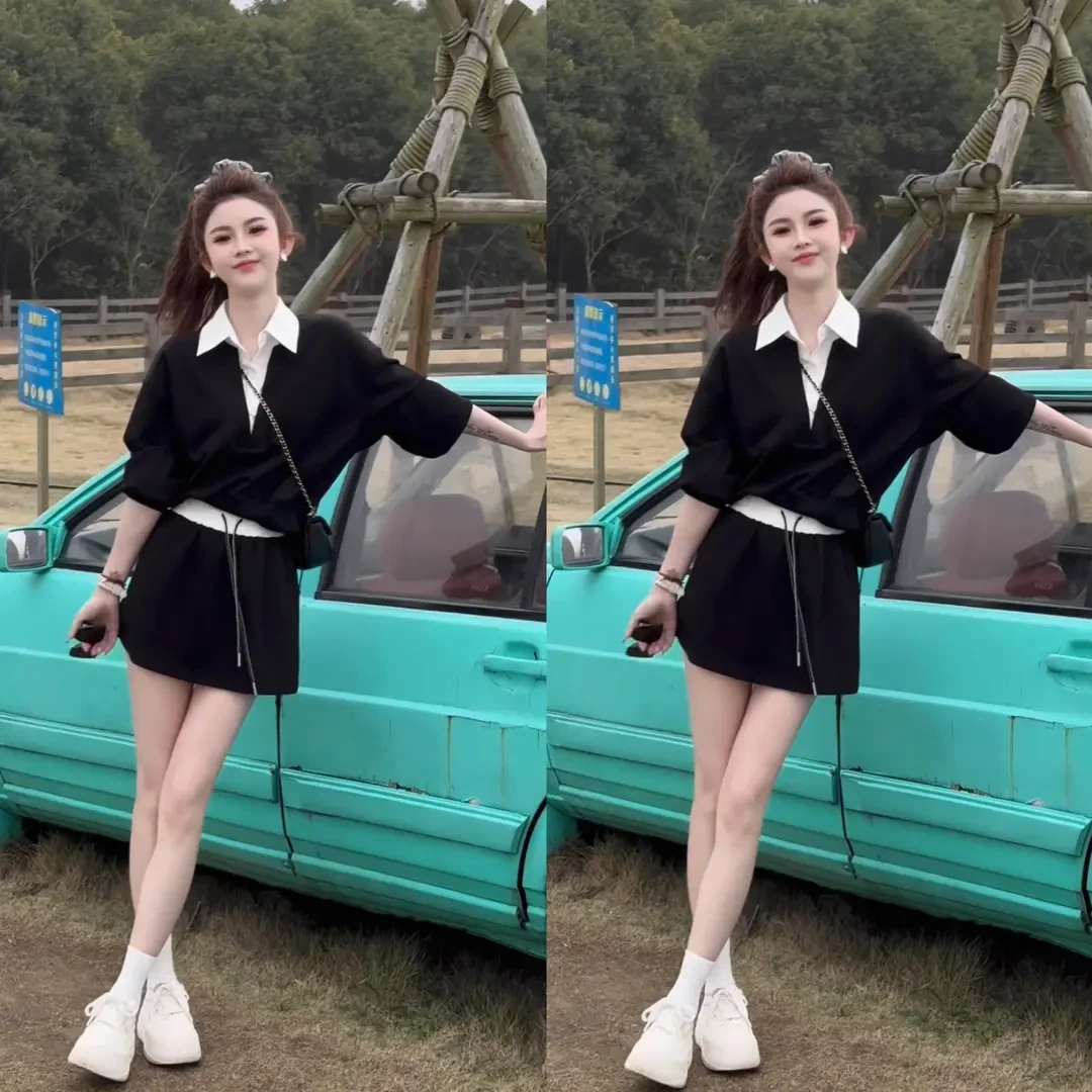时尚休闲套装裙女2025春季新款洋气显瘦假两件卫衣半身裙两件套潮