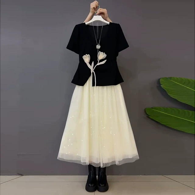 2025夏季新款立体花朵开叉上衣半身裙短款两件套大码女装长款套装