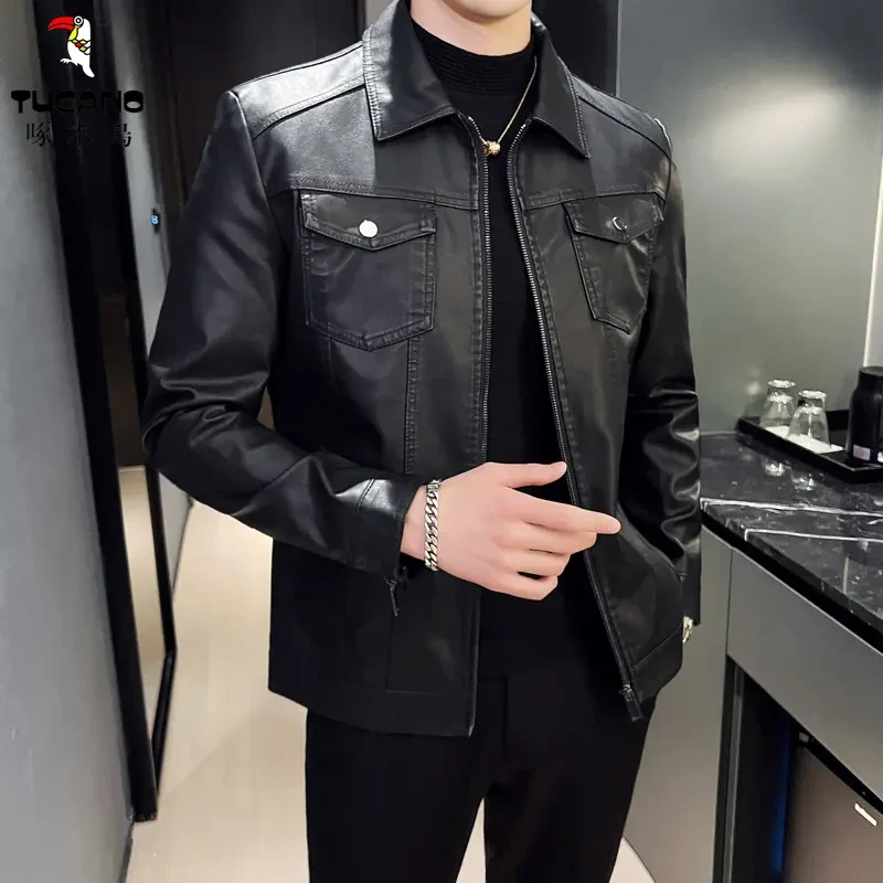 啄木鳥春秋季海宁皮衣男士翻领机车服时尚休闲皮夹克韩版修身外套