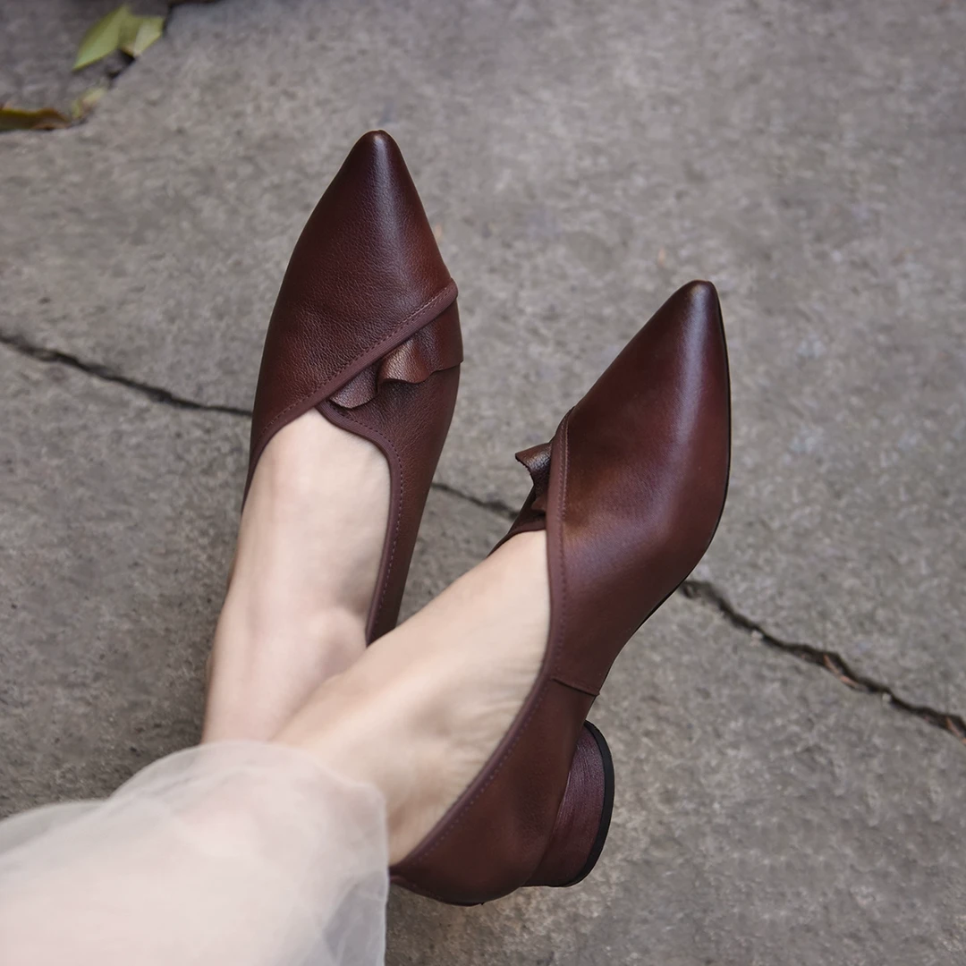 Artmu阿木原创复古尖头单鞋真皮高跟鞋粗跟女鞋木耳边新款1915-11