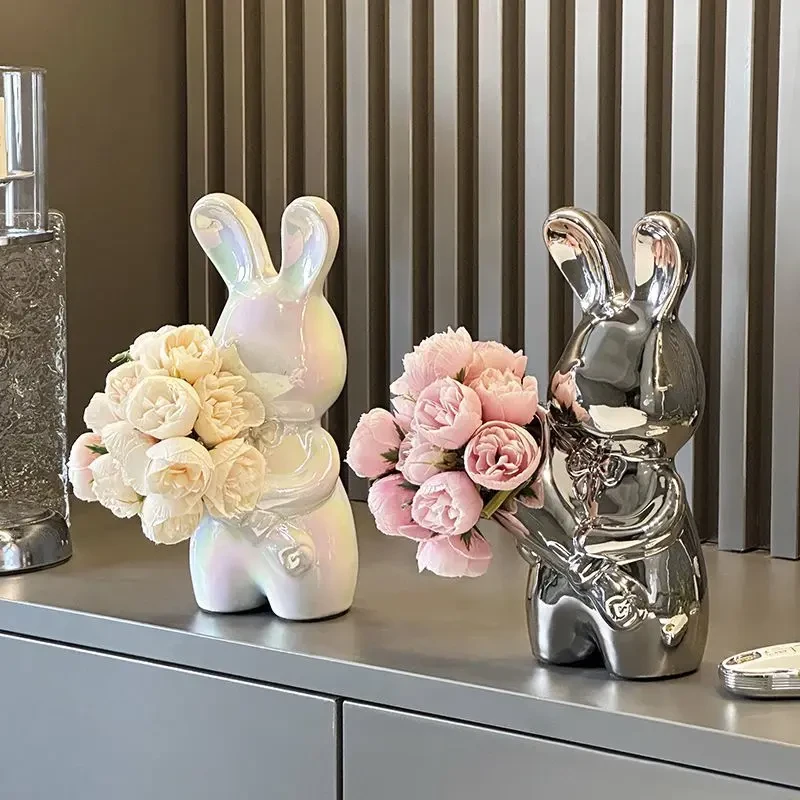创意居家艺术手捧兔花瓶高级感插花瓶摆件插花桌面装饰品乔迁礼物