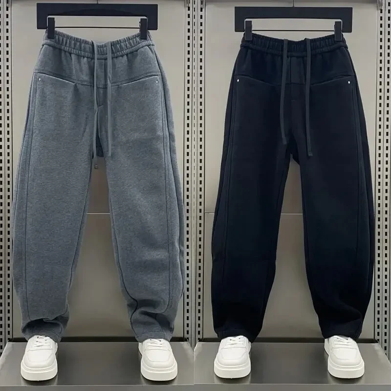 仓石一树加绒加厚直筒卫裤男士潮牌新款痞帅百搭纯色休闲运动时尚