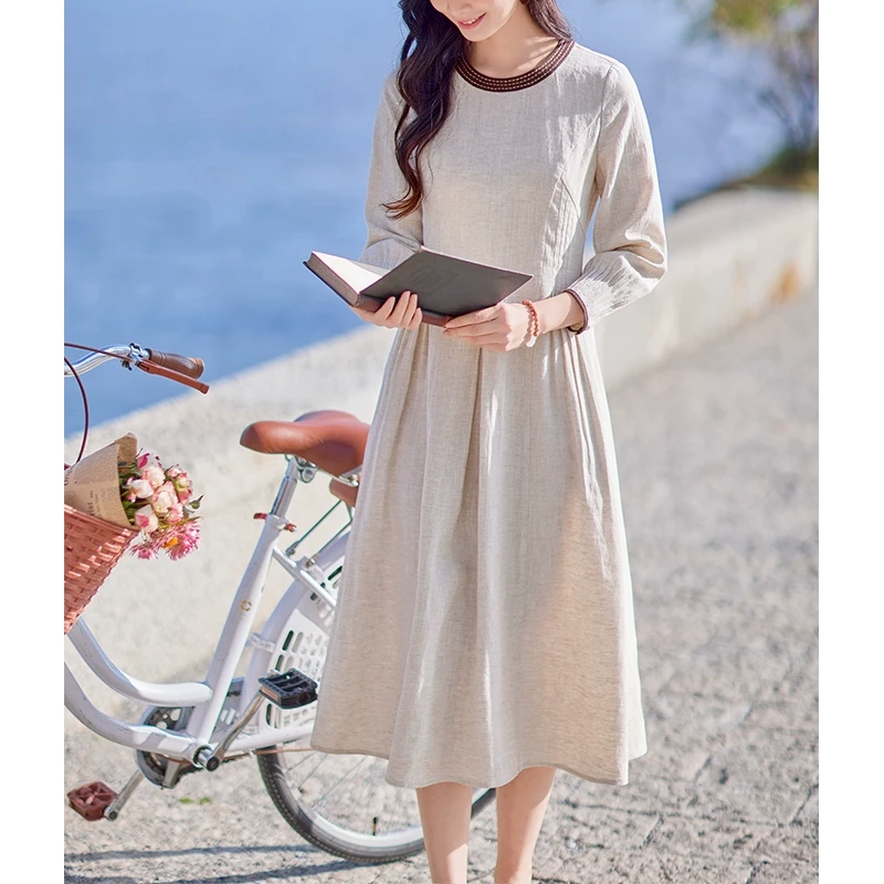 红念杏色天丝苎麻连衣裙女收腰显瘦春装流光风新款女装气质长裙子