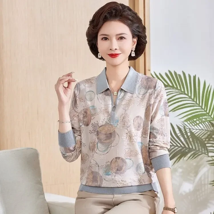 春秋装新款妈妈装薄款长袖T恤中老年女士洋气时尚大码冰丝上衣楠