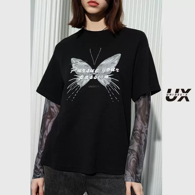 ux2025春新款 黑色蝴蝶印花长袖T恤女 时尚通勤圆领上衣 百搭