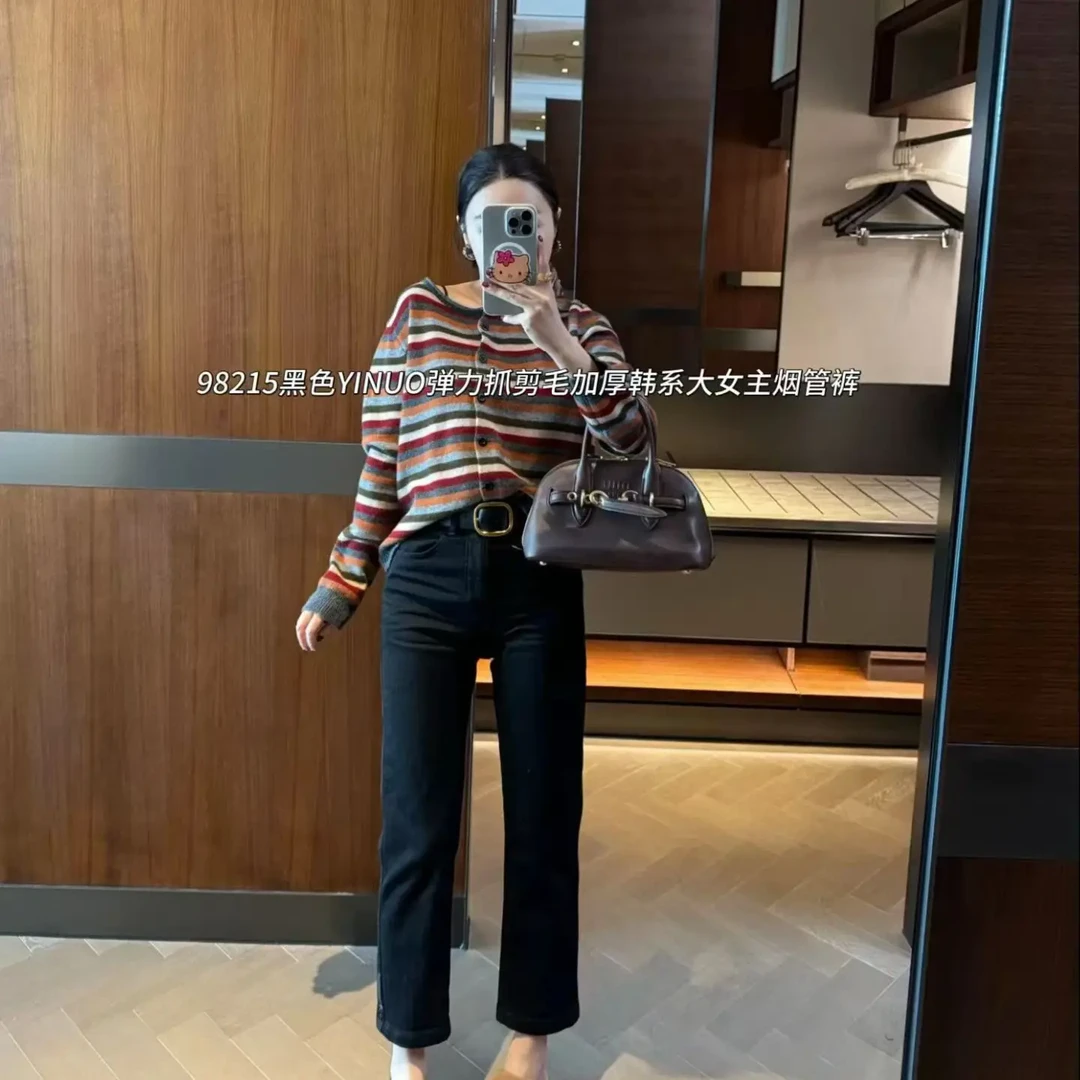 冬季加植绒九分烟管裤经典百搭显瘦98215