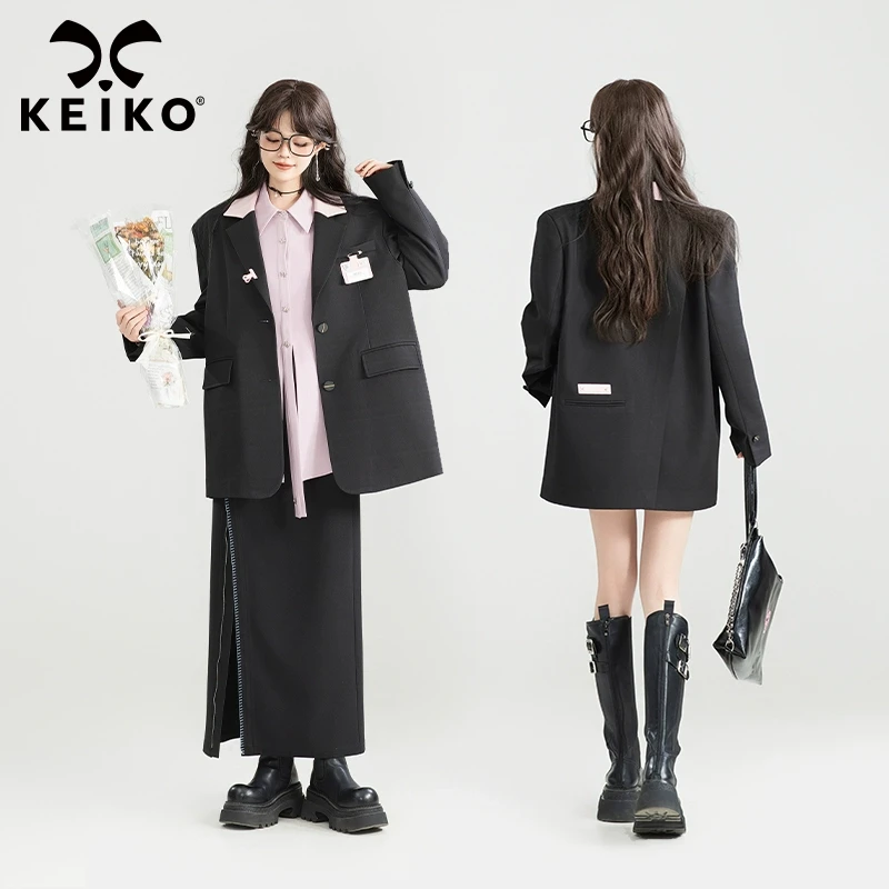 KEIKO 别致拼色翻领西装外套女25春夏学院风通勤宽松休闲小西服
