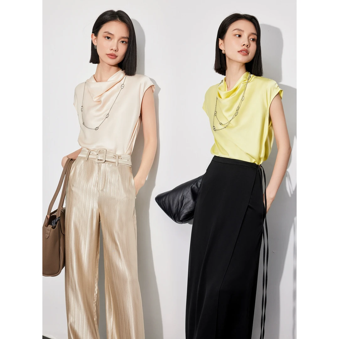 GUBFTTKCO/日本进口醋酸鎏光凉感垂坠缎面ROW风不规则荡领上衣