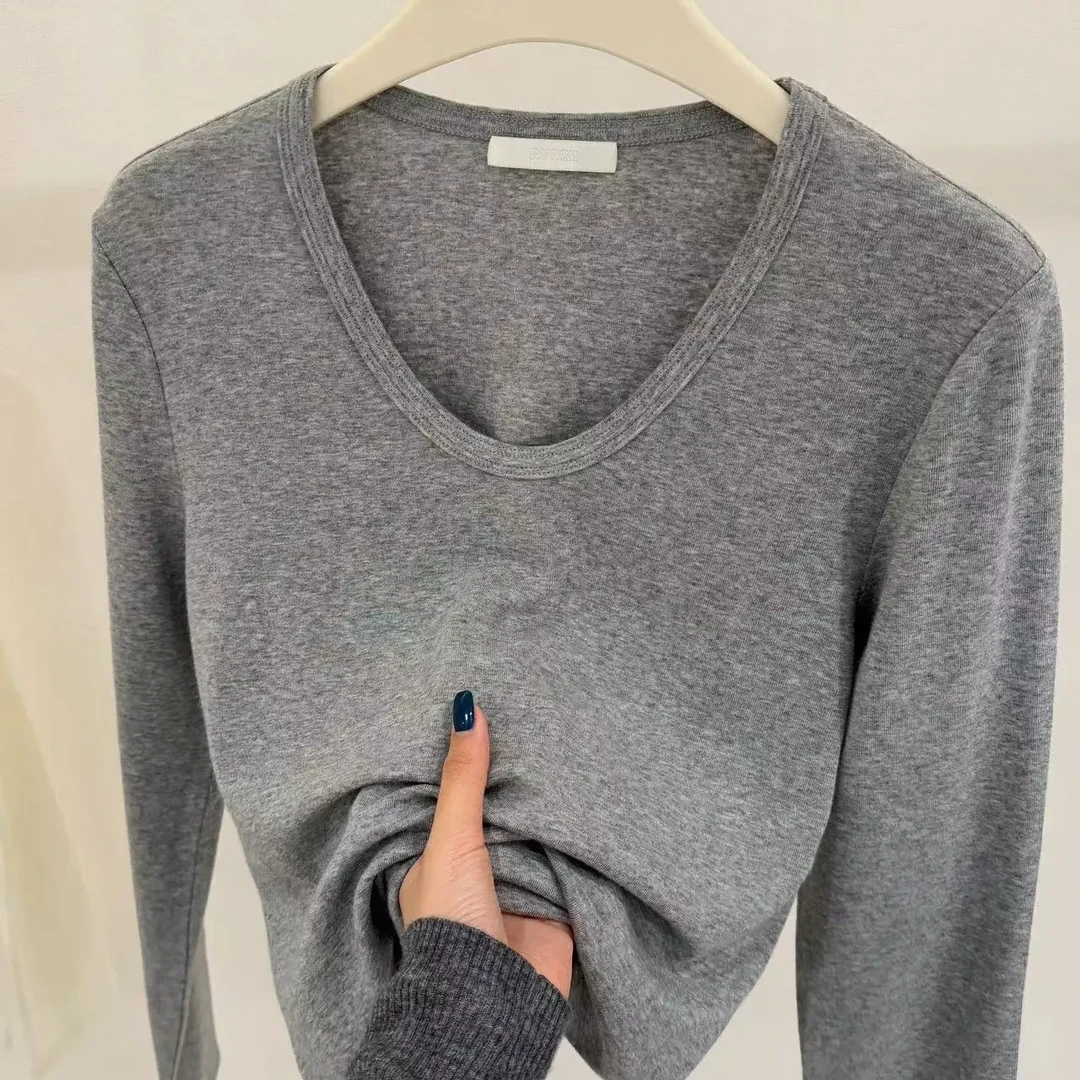 长袖纯色圆领短款休闲风T恤女款秋冬时尚内搭