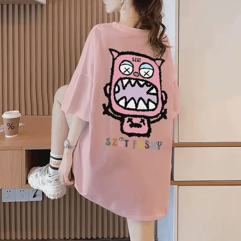 2025新款纯棉短袖T恤休闲宽松大码中长款遮屁时尚百搭印花卡通