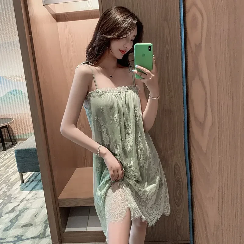 夏季短袖蕾丝可爱宽松公主风女性睡裙家居服纯欲性感甜美薄款显瘦