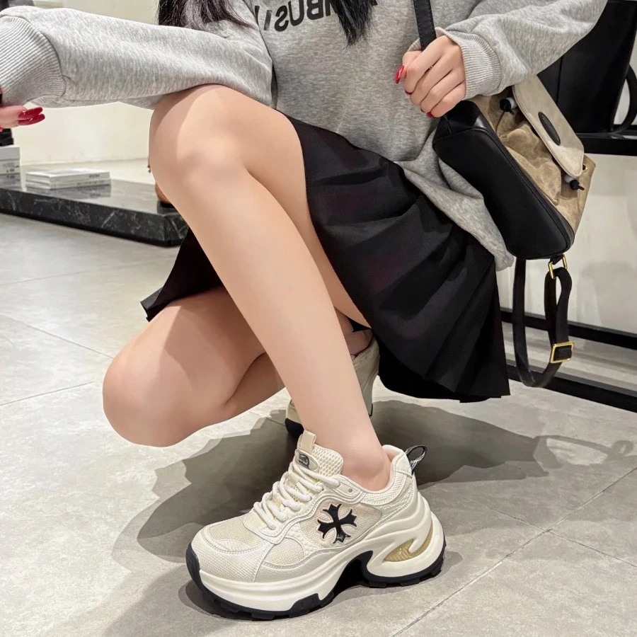 2025新款十字花厚底老爹鞋女增高显瘦运动休闲小白鞋透气休闲鞋潮