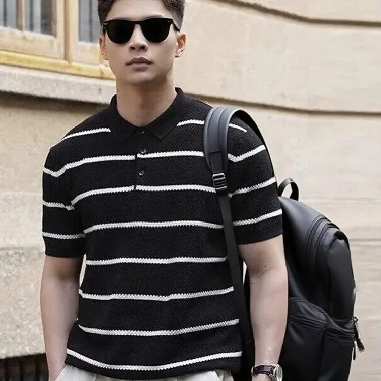 商务休闲短袖条纹针织衫夏季Polo衫菠萝纹半袖上衣老钱风复古秋款
