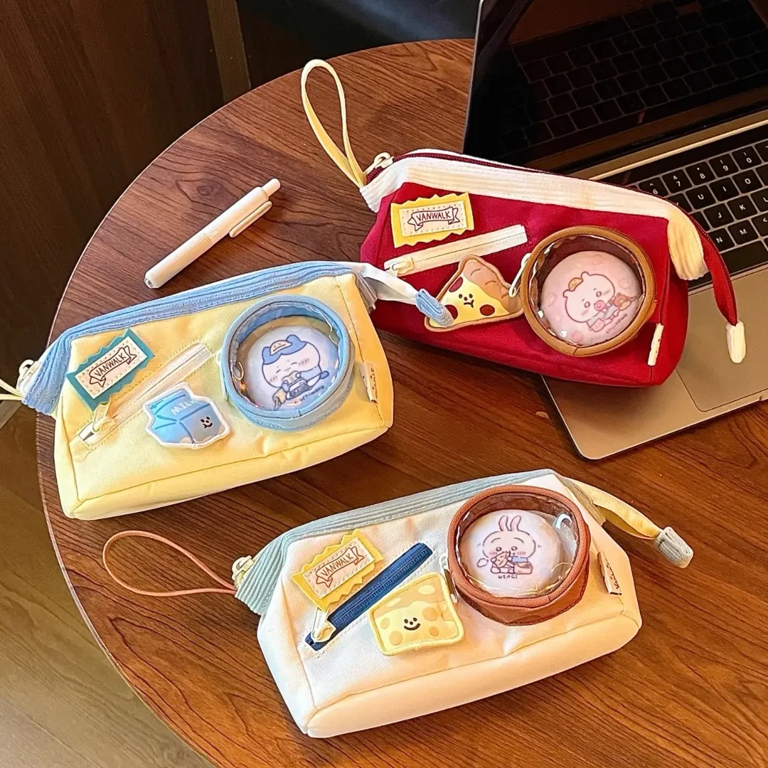 可爱撞色拼接笔袋高颜值ins风大容量女生痛包文具盒食物铅笔盒孩