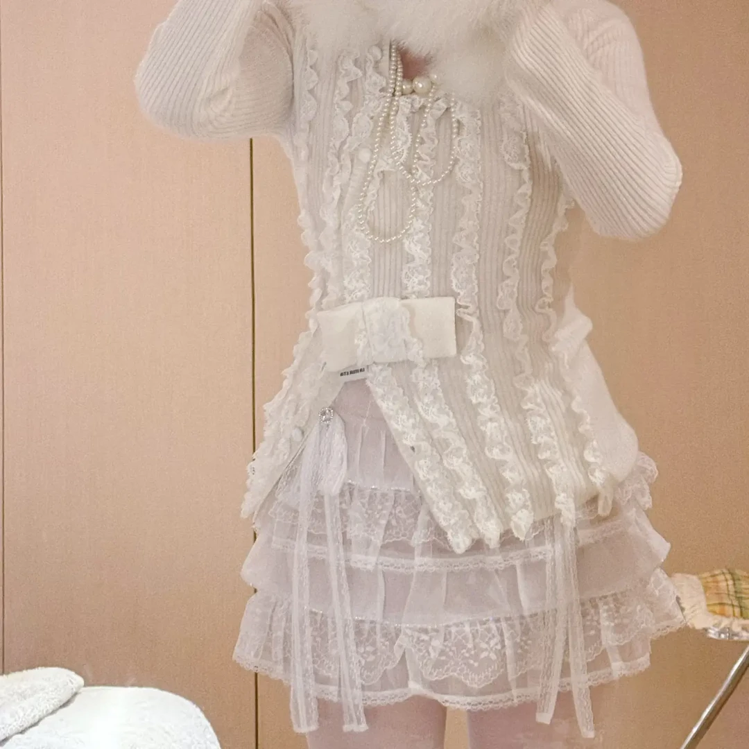 LaMiaEta2025aw手工定制白色山羊绒狐狸毛设计手工蕾丝修身针织衫