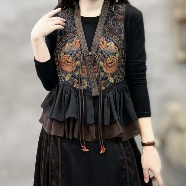 复古民族风重工刺绣马夹背心女新款春秋提花棉麻显瘦开衫马甲上衣