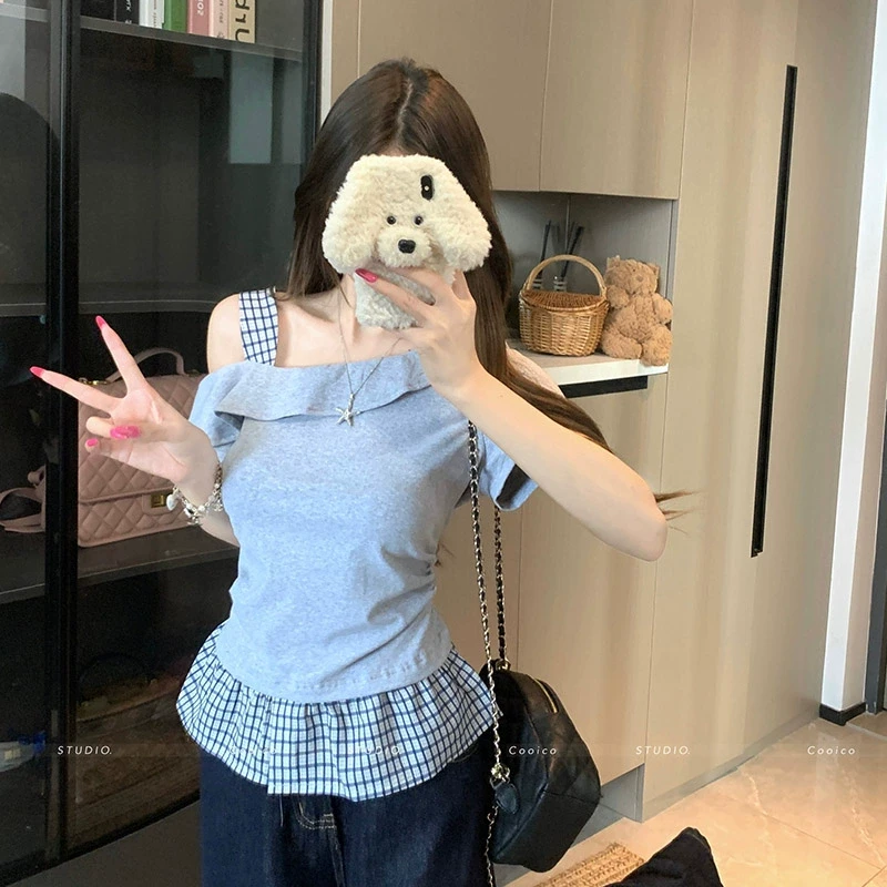 【6676桃】大码女装胖mm假两件拼接格子短袖T恤夏季设计感斜领上衣