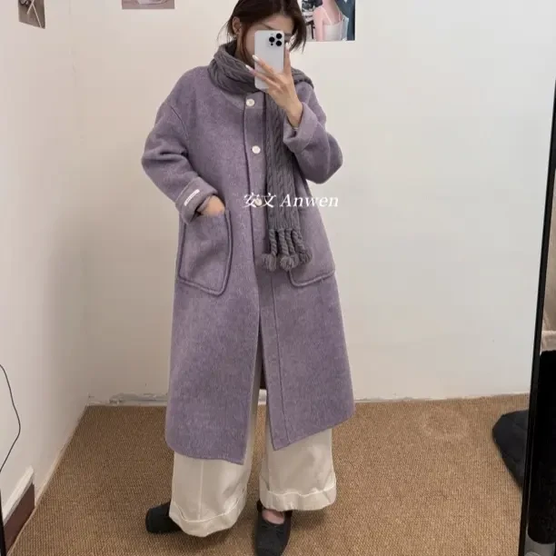 【紫霞仙子】 秋冬韩系羊毛大衣时尚文艺范配针织围巾长款显瘦外套