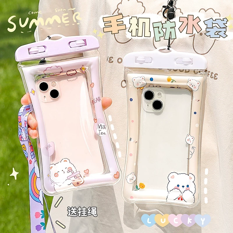 手机防水袋密封可触屏游泳水下拍照潜水漂流气囊挂脖卡通手机套