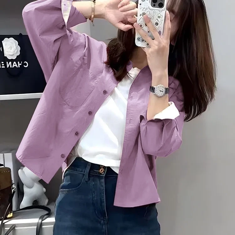 {127}/LUOSHI/2025秋小个子长袖衬衫外套衬衣外搭设计感短款上衣