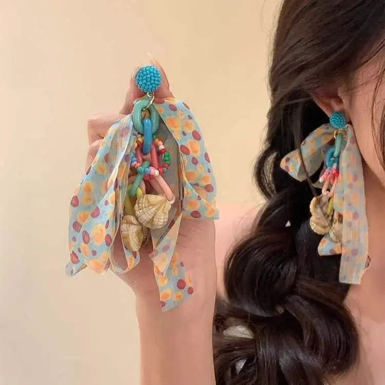 合金耳饰 彩色多巴胺~超仙布艺串珠夏日海边度假风耳钉甜美耳饰女