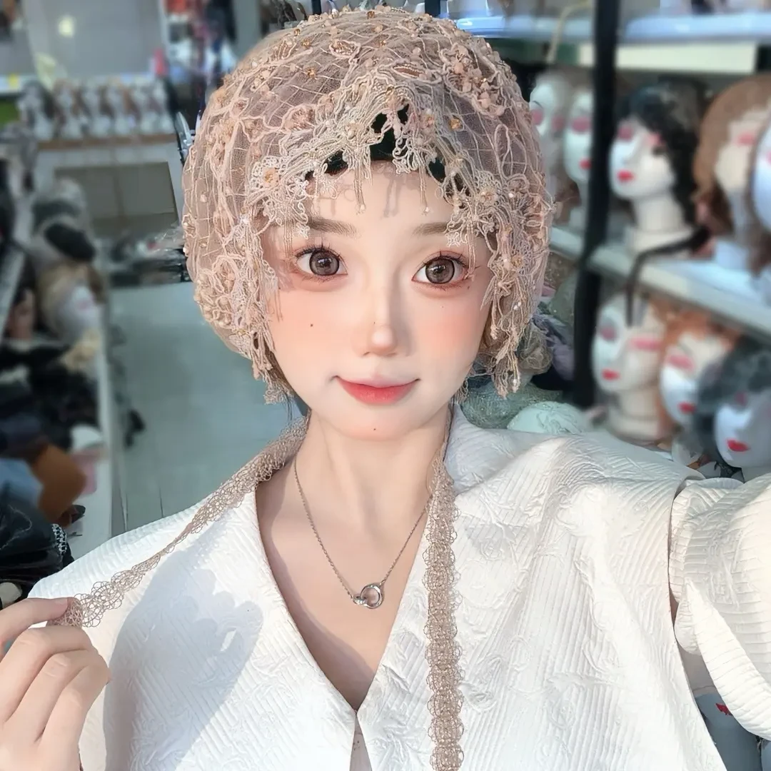 新款·三角流苏丝带帽亮片头巾帽帽子复古气质秋冬新娘花朵重工