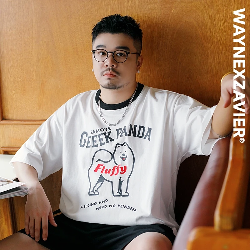 韦恩泽维尔加肥加大宽松大码撞色圆领卡通印花纯棉休闲T恤男9021