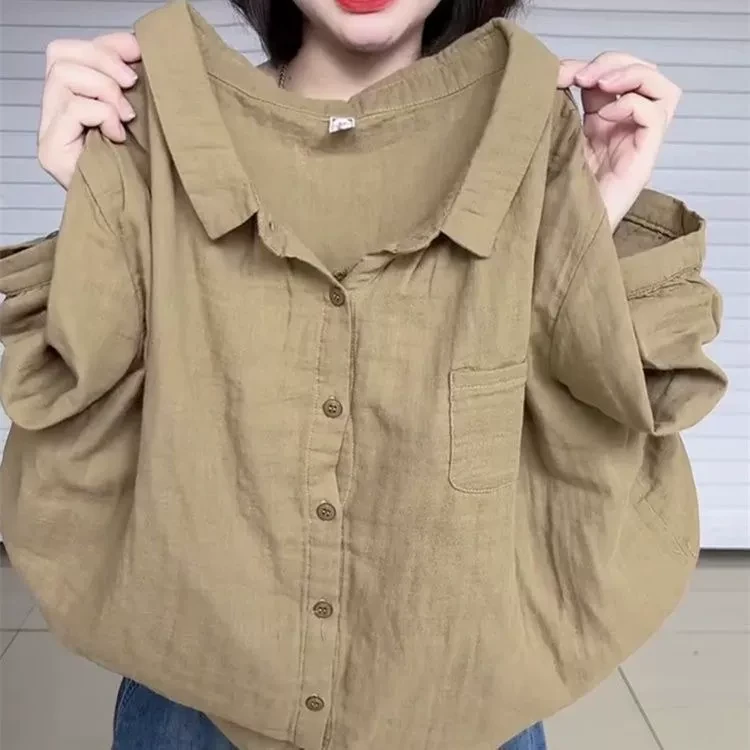 2024网红棉麻五分袖衬衫女韩版百搭减龄宽松上衣复古翻领外穿衬衣