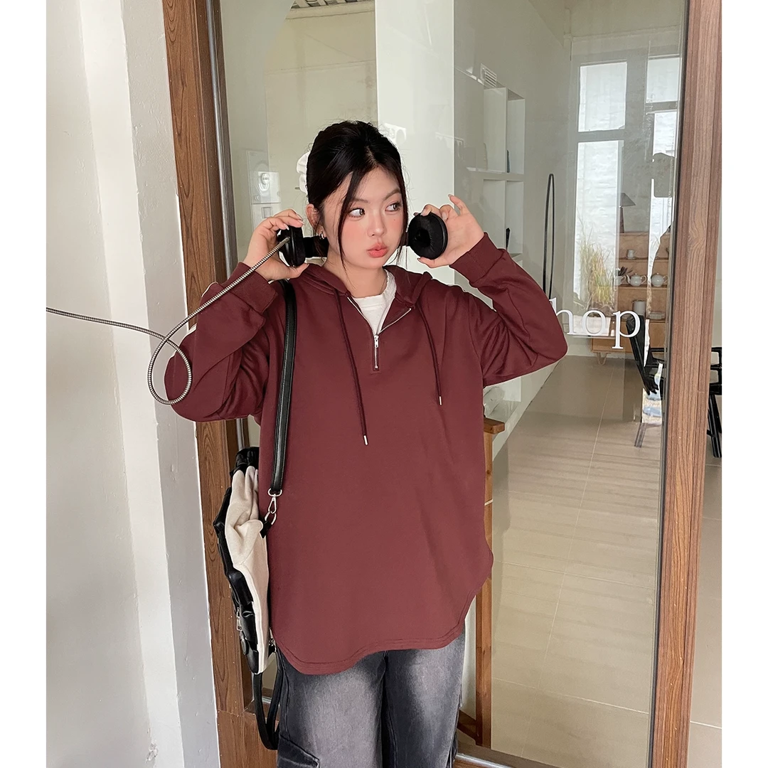 韩系穿搭胖mm显瘦遮肉上衣大码设计感半拉链连帽卫衣