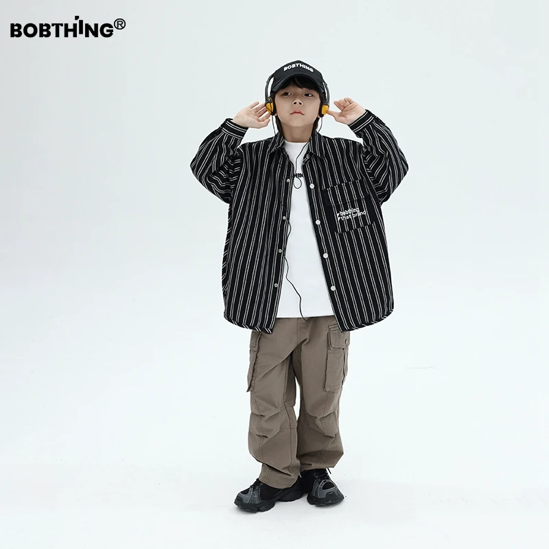 男童侧开衩竖条纹长袖衬衫外套儿童翻领衬衣薄牛仔开衫中大童装潮